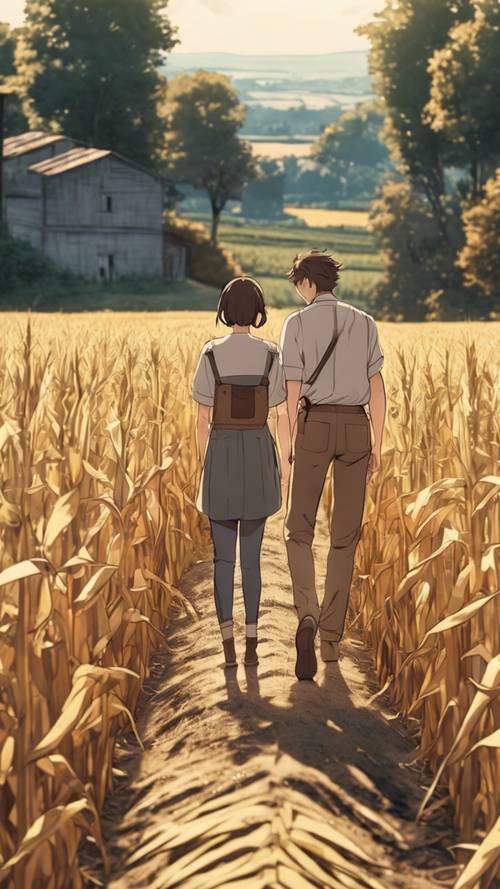 Um casal de anime perdido nos sinuosos campos de milho, uma fazenda ao longe.