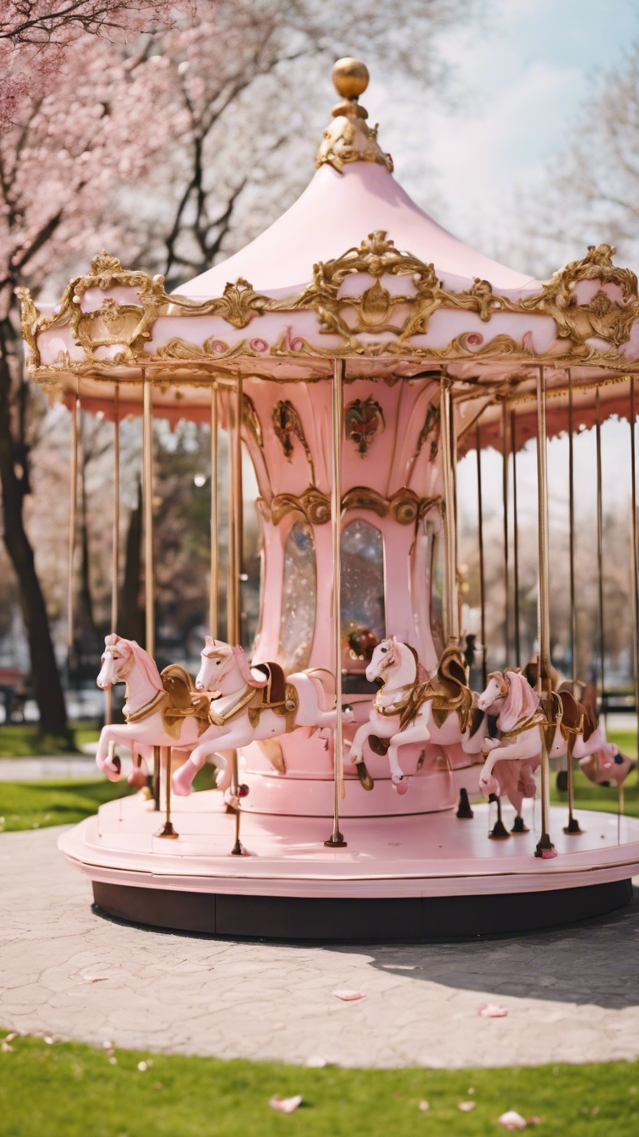 A whimsical pink marble carousel in a serene park, waiting for the children to play on. Wallpaper[aae944bb72134eed9872]