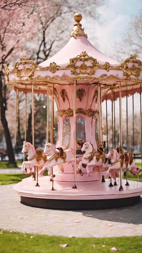 Un carrousel fantaisiste en marbre rose dans un parc serein, attendant que les enfants puissent jouer.