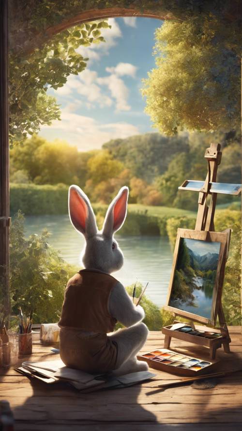 Um artista coelho com uma paleta, pintando uma paisagem cênica.