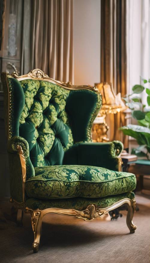 Wyściełany fotel obity złotym i zielonym adamaszkiem, ustawiony w przytulnym kącie.