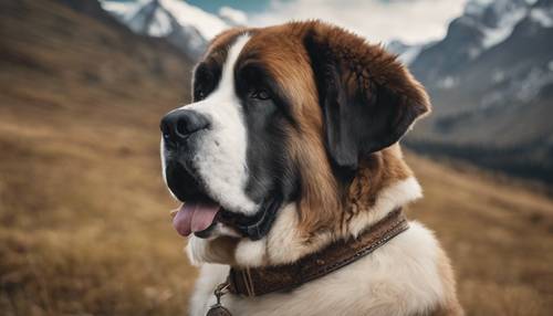 Potret bergaya Victoria yang menampilkan anjing St. Bernard mengenakan kerah barel dan dikelilingi pemandangan pegunungan yang spektakuler.