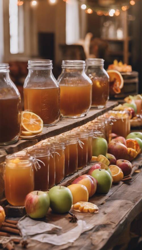 Un bar che serve sidro di mele durante una festa in famiglia del Ringraziamento, completo di fette di frutta, bastoncini di cannella e barattoli di vetro.