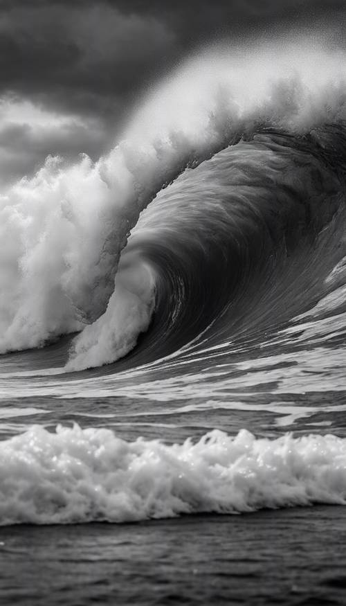 Un dipinto in bianco e nero ad alto contrasto di un&#39;enorme onda che si innalza nell&#39;oceano durante una violenta tempesta.