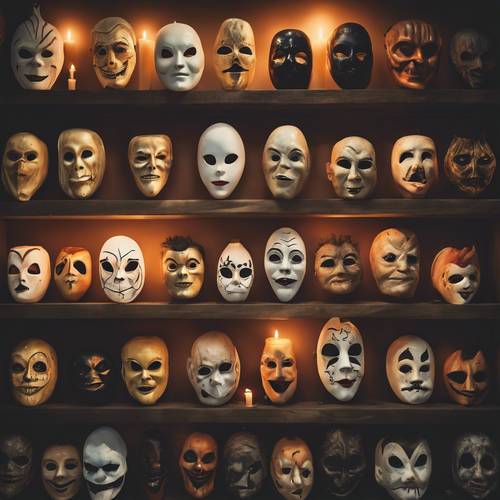 A collection of vintage Halloween masks displayed on a wooden shelf, bathed in the soft glow of a nearby candle. Tapeta [7f375a7196d244879612]