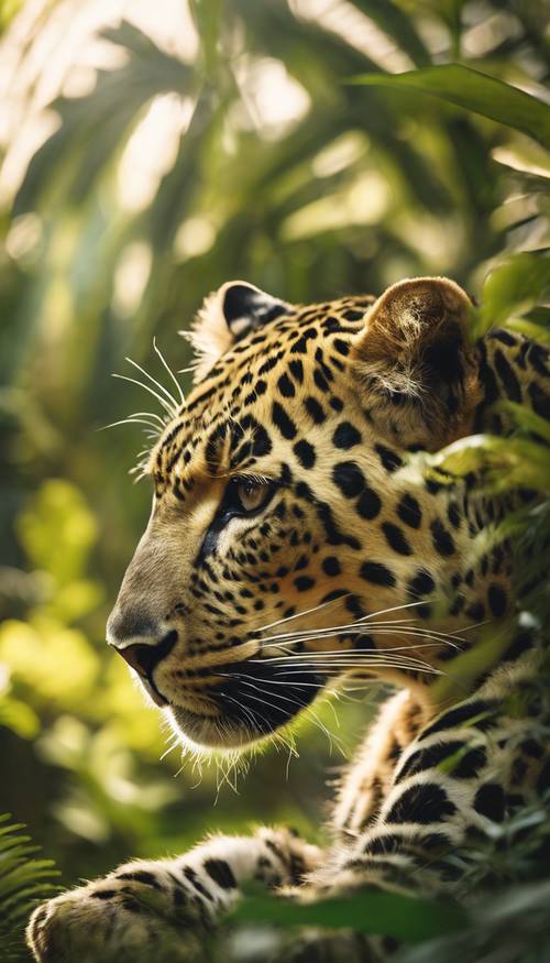 Um majestoso leopardo dourado rondando na selva verde