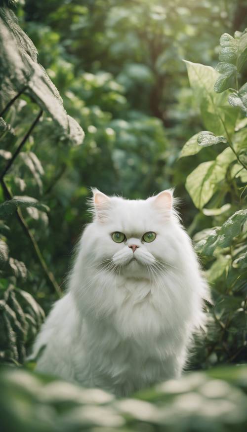 Una imagen de primer plano de un gato persa blanco de ojos verdes en un exuberante jardín verde.