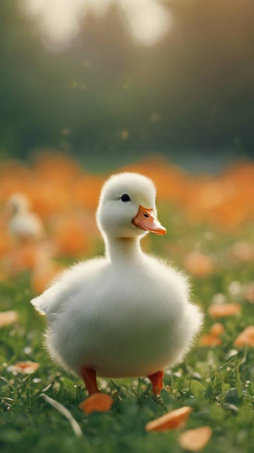一只长着鲜艳橙色喙的可爱毛茸茸的白色鸭子，正在绿色的草地上快乐地蹒跚而行。