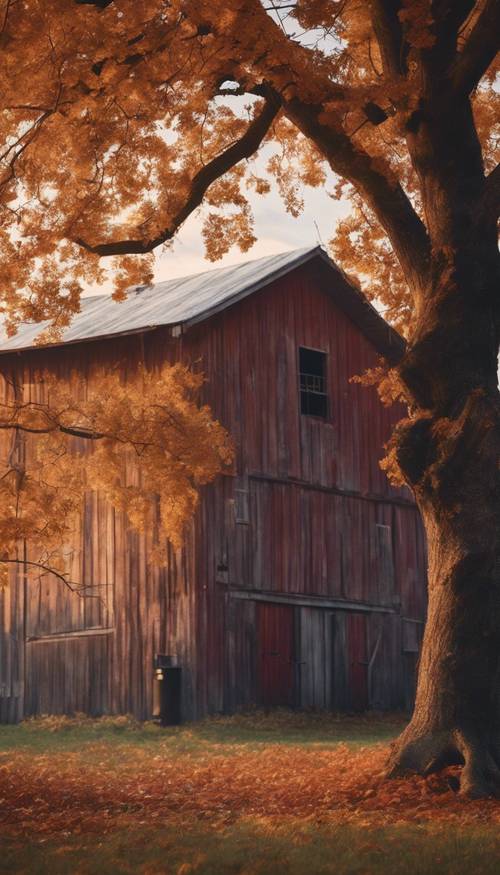 Gudang pedesaan yang dihiasi dedaunan musim gugur di bawah cahaya senja. Wallpaper [3cc3f82a979e4c3cb72e]