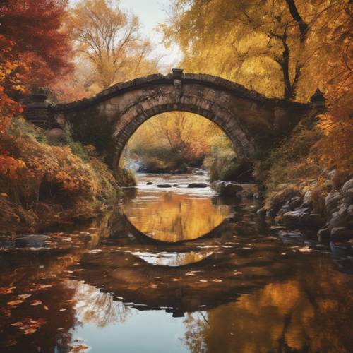 An enchanting French country bridge arching over a calm, reflecting stream surrounded by colorful autumn trees.