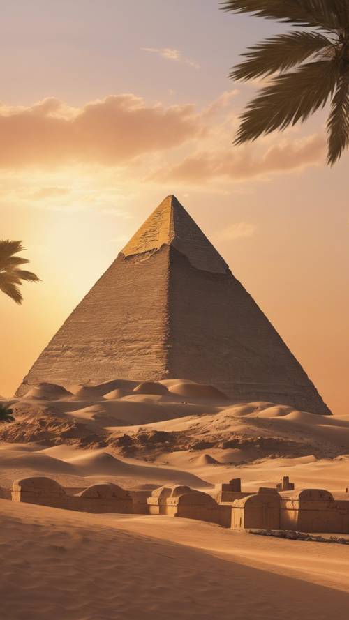 Un paesaggio egiziano al tramonto con le piramidi sullo sfondo.