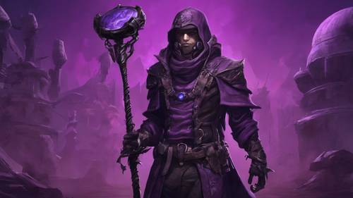 Un personaje de juego con temas dominantes de color púrpura oscuro que muestra equipo del último juego de rol.