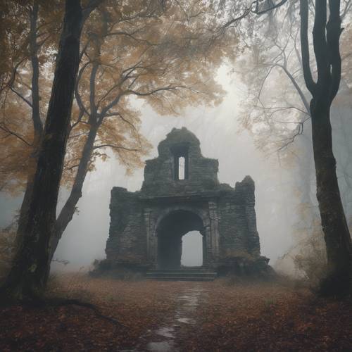 An ancient ruin misty and mysterious in the middle of a foggy forest.