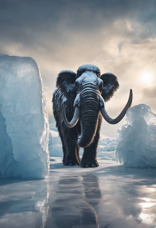Close up of a Mammoth frozen in a large block of ice from prehistoric times.