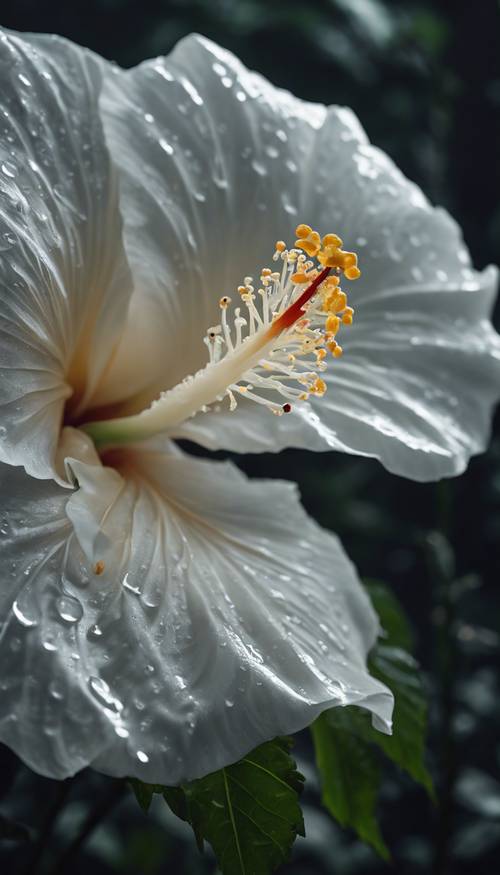 Một bông hoa dâm bụt trắng tinh khôi và thanh tú, tương phản trên nền lá sẫm màu với sương sớm lúc bình minh.