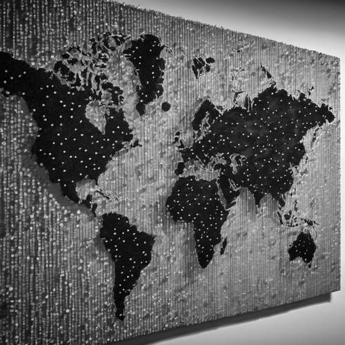 Um mapa-múndi em tons de cinza criado usando tachinhas em uma tela.
