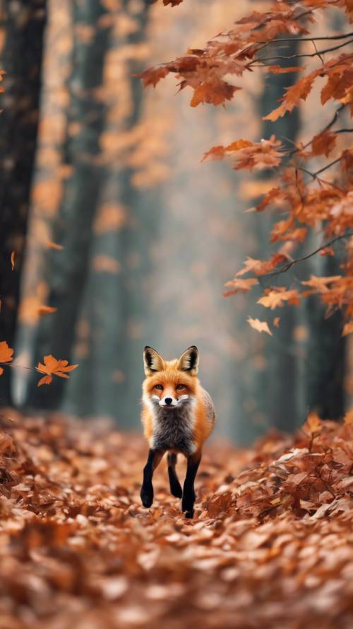 ثعلب أحمر يهرع عبر طريق مليء بأوراق الشجر في غابة خريفية نابضة بالحياة.