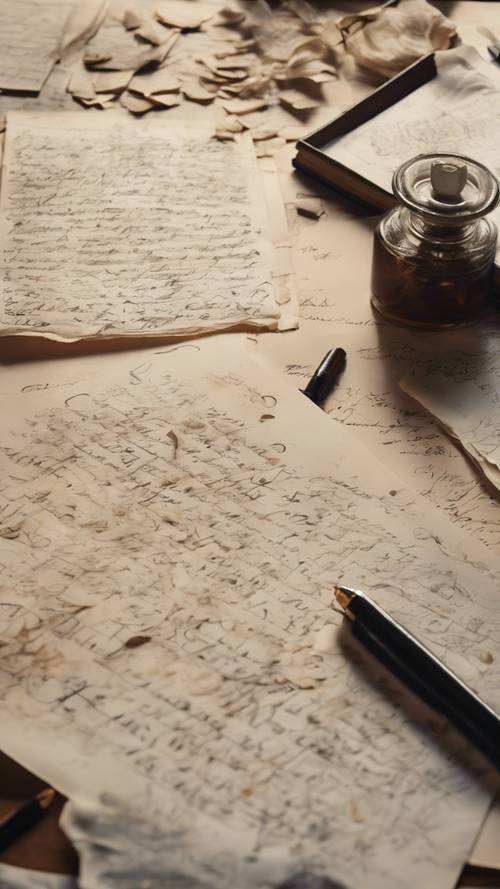 Uma escrivaninha de estudioso contemplativo, repleta de folhas de pergaminho espalhadas, cobertas por notas cursivas cuidadosas e rabiscos de tinta.