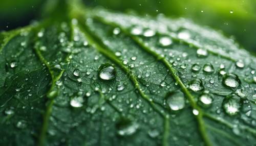 Detailed image of dew drops on fresh green leaf in a misty wood. Tapet [0fe56745f31c43a88bd3]