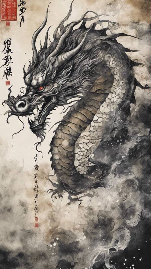 Uma pintura a tinta de um dragão japonês no estilo da caligrafia antiga.