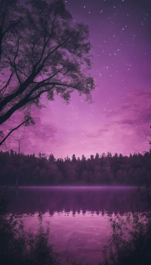 Hutan yang sangat meresahkan berbatasan dengan danau hitam asing dengan langit berwarna ungu di atasnya.