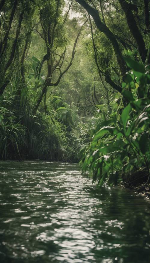 Uma selva verde com um rio de fluxo rápido cheio de peixes cortando-a.