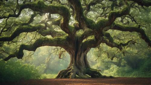 A majestic oak tree standing tall in a verdant forest, the strength of the image reflecting the phrase 'Strength does not come from winning. Your struggles develop your strengths.'. Tapet [66db0149b9e340039579]