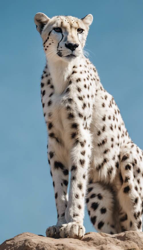 A majestic white cheetah standing tall on the top of a rock formation, under a clear blue sky Tapeta [cca6d8492a0249d5bfc7]