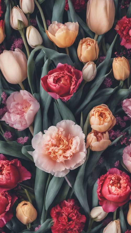 明亮美丽的花卉图案，混合了郁金香、康乃馨和玫瑰。