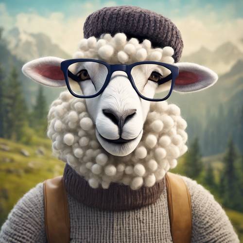 Карикатура на шерстистую овцу в хипстерских очках и нарядном берете, нарисованную на холсте.