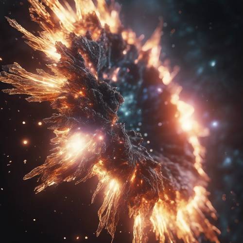 흑요석 공간에서 밝고 뜨거운 빛을 발산하는 초신성 폭발.
