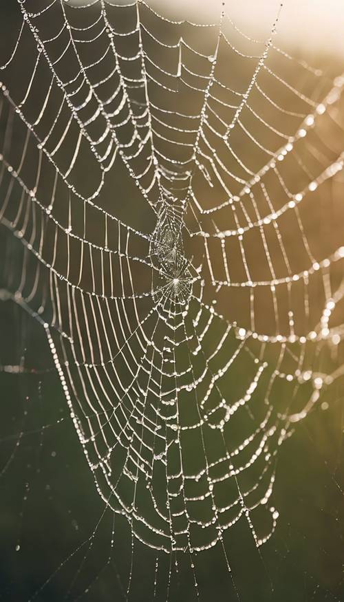 A close-up of a spider's web glistening with morning dew, with a large, furry spider in the center.