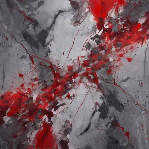 A red and gray abstract painting demonstrating the battle between passion and reason.