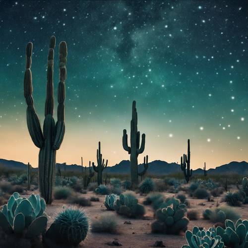 Раскинувшаяся бирюзовая пустыня под звездным небом с силуэтами кактусов.