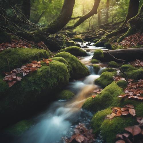 An enchanted, crystal-clear stream flowing through a magical, fairy-filled forest. Tapeta [5258202395fe4da78523]