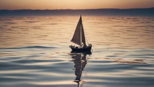 Sebuah perahu kecil berlayar melintasi lautan luas yang tenang, meninggalkan riak-riak lembut di belakang.