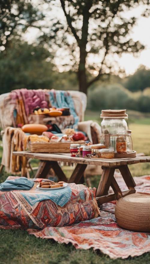 Un picnic al aire libre con asientos de inspiración bohemia y una colorida mesa.