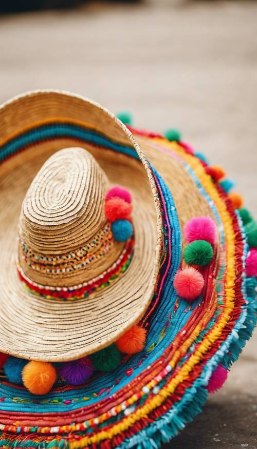 A vintage Mexican sombrero made of straw, adorned with colorful pom poms.