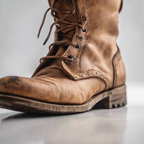 A pair of worn tan leather boots against a white background.