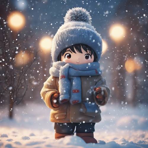 Bocah anime yang mengenakan pakaian musim dingin yang hangat, membuat manusia salju yang lucu di tengah hujan salju.