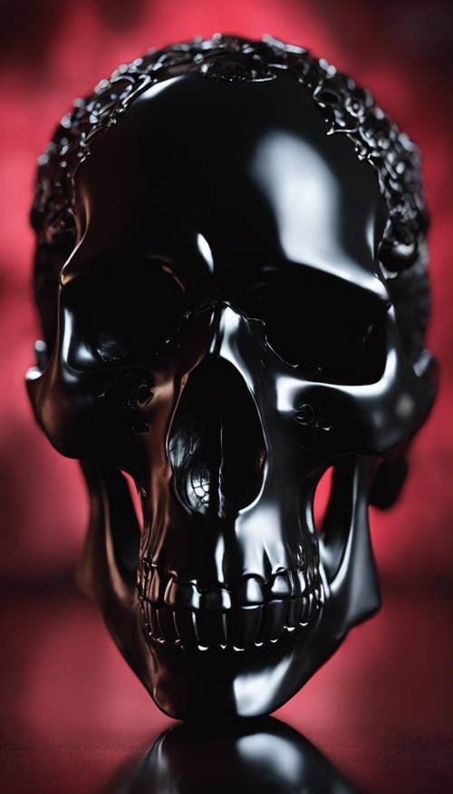 An intricately carved, jet-black obsidian skull set on a backdrop of deep crimson.