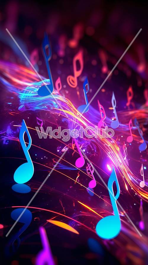 Notas musicais coloridas girando no espaço