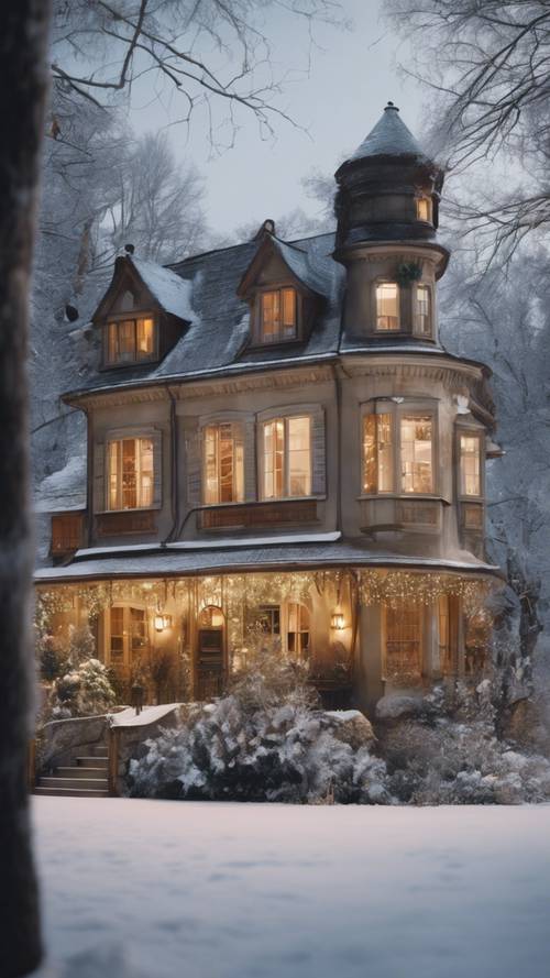 Une accueillante auberge de campagne française, aux fenêtres toutes brillantes, située au milieu de paysages enneigés en hiver.
