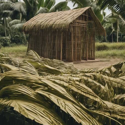 A unique structure made from expertly woven banana leaves, standing in an open field. کاغذ دیواری [52e66d41e792400bbfbf]