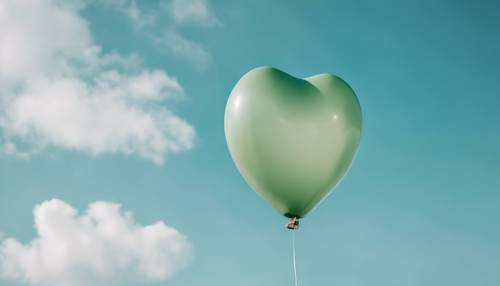 A heart-shaped sage green balloon floating in a clear blue sky.