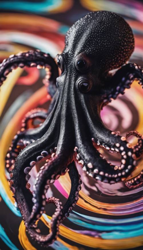 Абстрактное произведение искусства, изображающее черного осьминога в водовороте цветов.