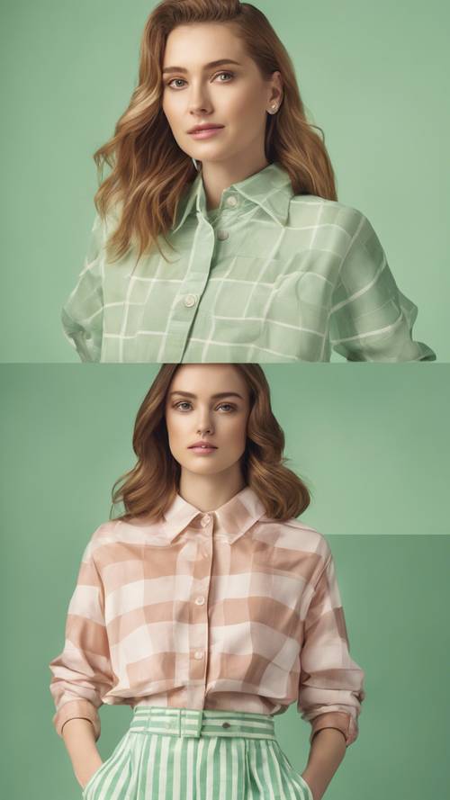 Four panels of Women's preppy style spring fashion clothes, pastel plaids and stripes, on a soft green backdrop.