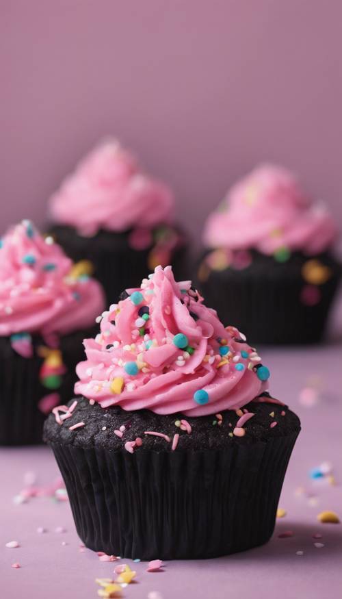 A black velvet cupcake with pink icing and sprinkles on top.