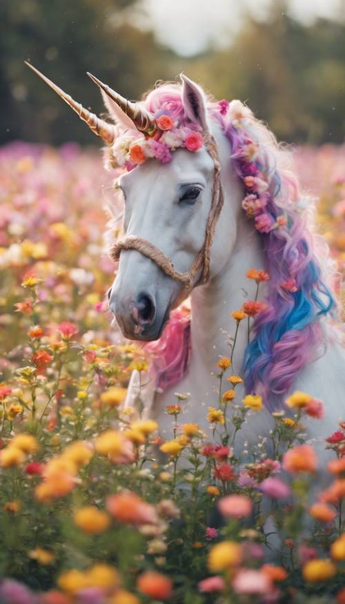 Seekor unicorn berwarna pelangi berjingkrak di ladang bunga.