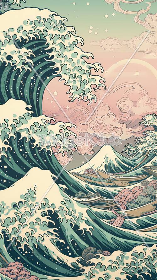 魅力的な海の波とピンク色の空のアート